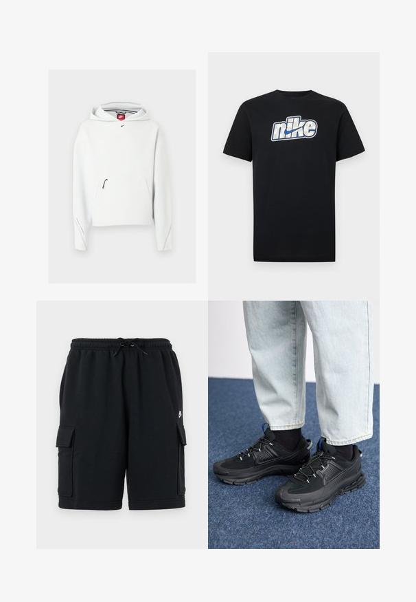 Valkoinen Nike-huppari, jossa etutasku vetoketjulla, musta pieni Nike-logo rinnassa ja huppu, esillä yksinkertaisella vaalealla taustalla.; Musta lyhythihainen T-paita, jossa suuri valkoinen ja sininen Nike-logo ja swoosh rinnan keskellä.; Mustat puuvillaiset cargo-shortsit, joissa on joustava vyötärönauha ja kiristysnauha, kaksi sivutaskua ja pieni logoyksityiskohta.; Mustat urheilukengät, joissa on teksturoitu kangas ja kumipohjat, elastiset nauhat ja sininen yksityiskohta kannassa. Yhdistetty vaaleisiin farkkuihin.