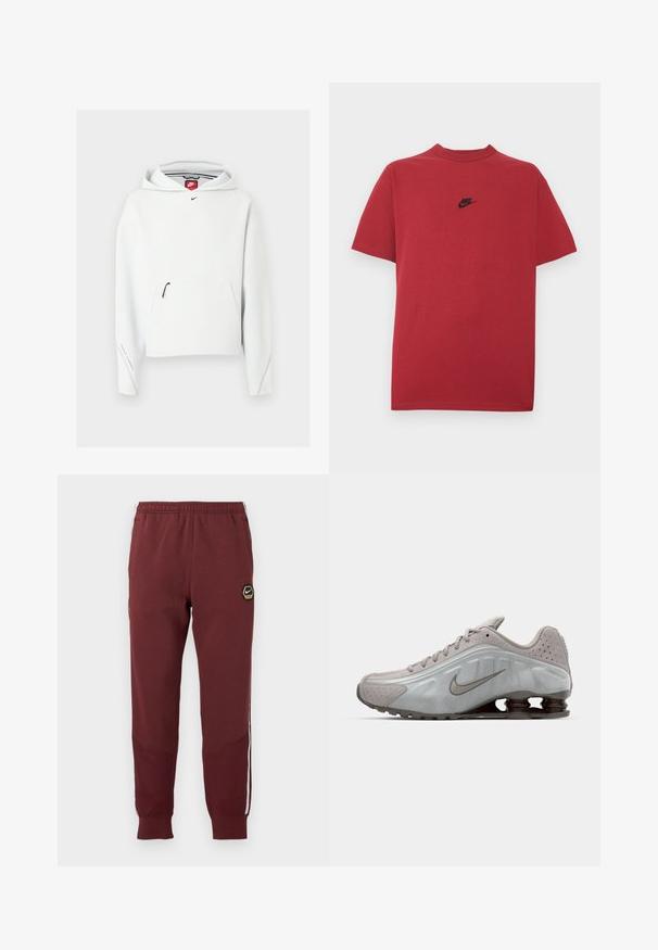Hvid Nike-hoodie med lynlåslomme foran, lille sort Nike-logo på brystet og hætte, vist på en ensfarvet lys baggrund.; Rød bomuld t-shirt med et sort Nike-logo på brystet, korte ærmer, rund halsudskæring og almindelig pasform. Glat tekstur.; Mørkerøde sweatpants med et sekskantet Nike-logo, elastisk talje, to sidelommer og hvide sidelommer. Tekstureret stof med tapered ben-design.; Nike løbesko i lysegrå med en glat tekstur, buet design og synlige støddæmpningsfjeder i mørkebrun ved hælen.