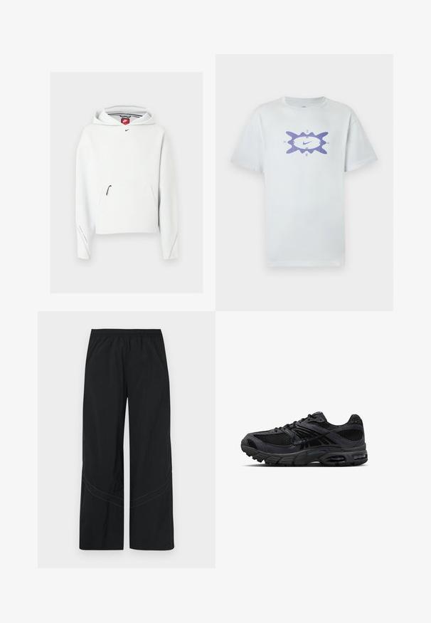Λευκό φούτερ Nike με φερμουάρ στην μπροστινή τσέπη, μικρό μαύρο λογότυπο Nike στο στήθος και κουκούλα, παρουσιάζεται σε απλό ανοιχτό φόντο.; Λευκό βαμβακερό t-shirt με άνετη εφαρμογή, με μοβ γραφικό σχέδιο στο κέντρο, περιβάλλεται από κυματιστό περίγραμμα. Κοντά μανίκια.; Μαύρο παντελόνι με φαρδύ παντελόνι από ελαφρύ ύφασμα, με ελαστική μέση και διακριτική καμπυλωτή ραφή στο κάτω μέρος.; Μαύρο και σκούρο γκρι αθλητικό παπούτσι Nike με ύφασμα mesh, επενδύσεις από σουέντ, μαξιλαρωμένη σόλα και ορατές μονάδες αέρα στη φτέρνα και στο μπροστινό μέρος του ποδιού.