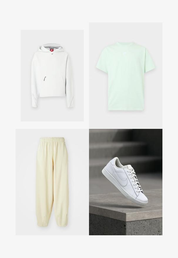 Witte Nike hoodie met voorzak met rits, klein zwart Nike-logo op de borst en een capuchon, getoond op een effen lichte achtergrond.; Lichtgroen Nike T-shirt met korte mouwen, een ronde hals en een klein wit logo in het midden van de borst tegen een effen achtergrond.; Crèmekleurige sweatpants met een elastische tailleband, taps toelopende pijpen en een losse pasvorm. Gemaakt van zachte, lichte stof.; Witte lederen sneaker met veters en Nike swoosh-logo die boven een betonnen richel zweeft in een buitenomgeving.