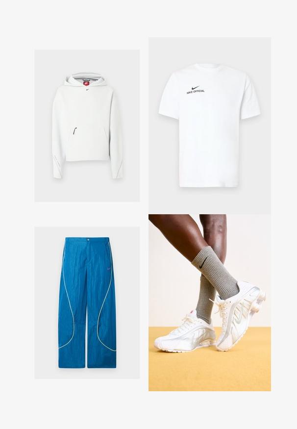 Fehér Nike kapucnis pulóver első cipzáros zsebbel, fekete kis Nike logóval a mellkason, kapucnival, egyszínű világos háttéren megjelenítve.; Fehér pamut rövid ujjú póló. Bal mellrészen fekete "Nike Official" logóval és fekete pipa jellel.; Kék, széles szárú sportnadrág fényvisszaverő sárga szegélydíszítéssel és egy kis rózsaszín Nike logóval a jobb combon, gombos és cipzáras rögzítéssel.; Fehér Nike sportcipők ezüst díszítésekkel, textúrázott panelek és perforációk jellemzik őket. Szürke bordás zoknikkal viselve, sárga háttér előtt.