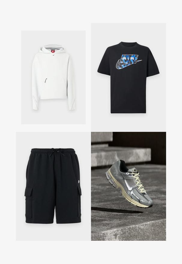 Λευκό φούτερ Nike με φερμουάρ στην μπροστινή τσέπη, μικρό μαύρο λογότυπο Nike στο στήθος και κουκούλα, παρουσιάζεται σε απλό ανοιχτό φόντο.; Μαύρο κοντομάνικο μπλουζάκι με μπλε και λευκό στιλιζαρισμένο κείμενο "AIR" και το λογότυπο Nike Swoosh στο στήθος.; Μαύρα cargo σορτς από βαμβάκι με ελαστική μέση και κορδόνι, διαθέτουν δύο πλαϊνές τσέπες και μικρή διακοσμητική λεπτομέρεια με λογότυπο.; Γκρι και μπεζ αθλητικό παπούτσι Nike για τρέξιμο με λευκά κορδόνια και μεγάλο λευκό σήμα, τοποθετημένο σαν να αιωρείται πάνω από μια τσιμεντένια επιφάνεια.