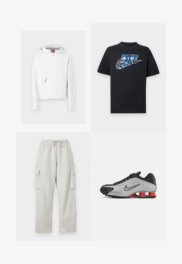 Valge Nike kapuutsiga pusa esitäis taskuga, must väike Nike logo rinnal ja kapuuts, esitatud helel taustal.; Must lühikeste varrukatega t-särk, millel on rinnal sinise ja valge stiliseeritud tekst "AIR" ning Nike Swooshi logo.; Heledat hallid dressipüksid elastse vöökohaga, punaste otstega nööriga ja suurte kaanelehtedega taskutega mõlemal reiel.; Mustmust ja hõbedane sportlik king, millel on tekstureeritud pealispind, väljastunud sooned ja punased pehmenduselemendid kandadel toe pakkumiseks. Madal disain.