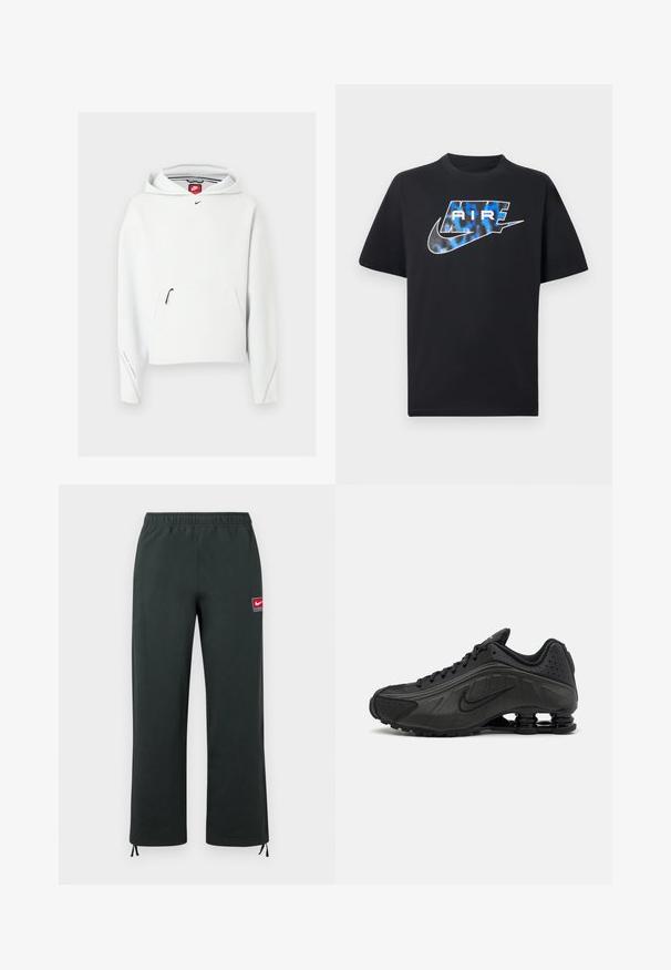 Λευκό φούτερ Nike με φερμουάρ στην μπροστινή τσέπη, μικρό μαύρο λογότυπο Nike στο στήθος και κουκούλα, παρουσιάζεται σε απλό ανοιχτό φόντο.; Μαύρο κοντομάνικο μπλουζάκι με μπλε και λευκό στιλιζαρισμένο κείμενο "AIR" και το λογότυπο Nike Swoosh στο στήθος.; Σκούρο πράσινο παντελόνι Nike με ελαστική μέση, ίσια πόδια, μικρό κόκκινο και λευκό λογότυπο Nike στο μηρό και ρυθμιζόμενα κορδόνια στα μπατζάκια.; Μαύρα αθλητικά παπούτσια με λείο συνθετικό άνω μέρος, διάτρητες λεπτομέρειες, υφή στις πλευρές και ξεχωριστή ελαστική σόλα.