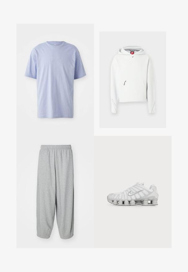 Valge Nike kapuutsiga pusa esitäis taskuga, must väike Nike logo rinnal ja kapuuts, esitatud helel taustal.; Heleheles sinine puuvillane T-särk ümmarguse kaelusega ja lühikeste varrukatega. Ees keskel on reljeefne "nike" logo. Pehme tekstuur.; Heledad hallid, lõdva istuvusega treeningpüksid, mis on valmistatud pehmest kangast. Elastsest materjalist vöökoht ja soonikud pahkluude juures. Lihtne ja kaunistusteta disain.; Valge Nike jooksujalats nähtava õhupadjaga tallaga ja hõbedase Swooshi logoga küljel, nähtav välisküljelt.