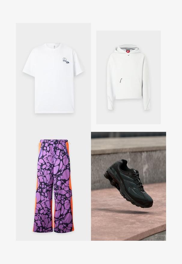 Sweat à capuche blanc Nike avec poche zippée à l'avant, petit logo Nike noir sur la poitrine et une capuche, présenté sur un fond clair uni.; T-shirt en coton blanc à manches courtes, avec un motif graphique bleu marine sur le côté gauche de la poitrine. Style classique à col rond.; Pantalon ample avec un motif abstrait violet et noir, panneaux latéraux en mesh orange, taille élastique et poches avant zippées.; Baskets athlétiques noires avec une semelle intercalaire à coussin d’air visible flottant au-dessus d’une surface en pierre rose avec un mur en pierre gris en arrière-plan.