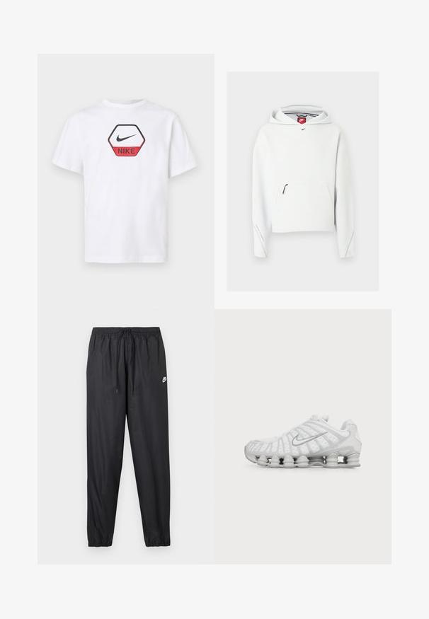 Λευκό φούτερ Nike με φερμουάρ στην μπροστινή τσέπη, μικρό μαύρο λογότυπο Nike στο στήθος και κουκούλα, παρουσιάζεται σε απλό ανοιχτό φόντο.; Άσπρο κοντομάνικο μπλουζάκι Nike με κόκκινο και μαύρο εξαγωνικό λογότυπο που φέρει το σύμβολο Nike swoosh και το όνομα της μάρκας στο στήθος.; Μαύρο παντελόνι jogger με ελαστική μέση και ρυθμιζόμενο κορδόνι. Λείο, ελαφρύ υλικό με μικρό λευκό λογότυπο Nike.; Λευκό αθλητικό παπούτσι Nike με ορατή αεριζόμενη σόλα και ασημένιο λογότυπο Swoosh στο πλάι, απεικονιζόμενο από την εξωτερική πλευρά.