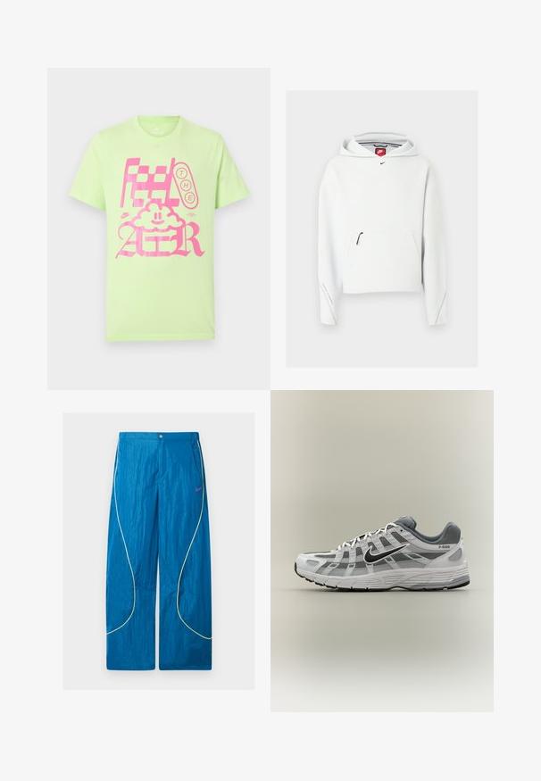 Λευκό φούτερ Nike με φερμουάρ στην μπροστινή τσέπη, μικρό μαύρο λογότυπο Nike στο στήθος και κουκούλα, παρουσιάζεται σε απλό ανοιχτό φόντο.; Ανοιχτό πράσινο βαμβακερό t-shirt με μεγάλο ροζ γραφικό κείμενο και σχέδιο σύννεφου. Κοντά μανίκια και ντεκολτέ σε στρογγυλή γραμμή.; Μπλε αθλητικό παντελόνι φαρδιάς γραμμής με αντανακλαστικές κίτρινες ρίγες και μικρό ρόζ λογότυπο Nike στο δεξί μηρό, με κουμπί και φερμουάρ.; Άσπρο και γκρι αθλητικό παπούτσι Nike P-6000 με μαύρο λογότυπο swoosh, πάνελ από δίχτυ και υφή στη σόλα, εμφανισμένο σε προφίλ πλάι σε ουδέτερο φόντο.