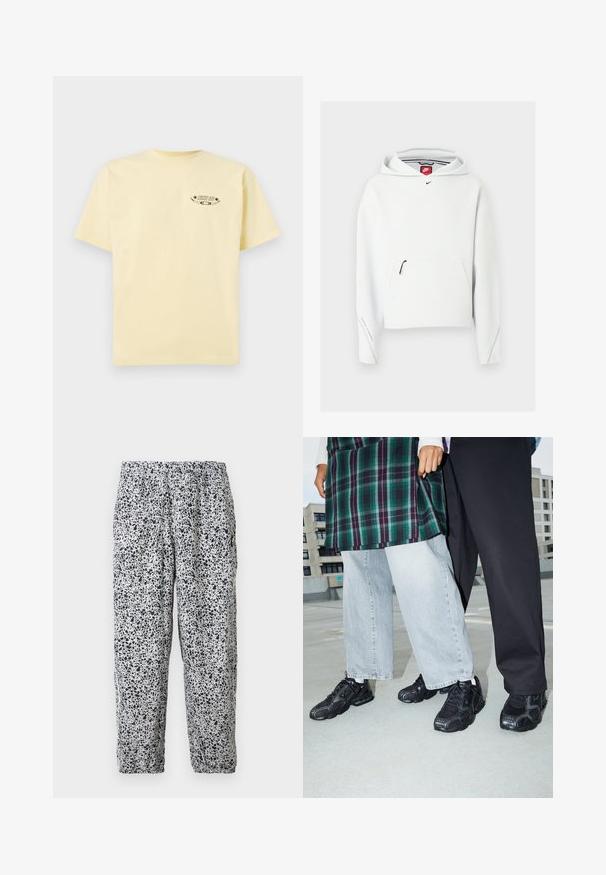 Biela mikina Nike s kapucňou, predným vreckom na zips, čiernym malým logom Nike na hrudi, zobrazená na jednoduchom svetlom pozadí.; Žlté bavlnené tričko s krátkymi rukávmi a okrúhlym výstrihom, s potlačeným grafickým logom na ľavej hrudi.; Biele nohavice s elastickým pásom, čiernym nepravidelným škvrnitým vzorom a elastickými manžetami, visiace na jednoduchom pozadí.; Čierne športové topánky s sieťovinou a gumovými akcentmi. Nosené s svetlošedými širokými džínsami a kockovaným zeleným topom. Pozadie s plochým povrchom.