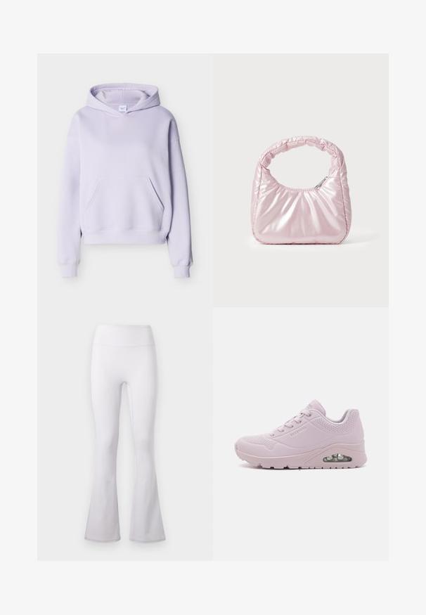 Lichtpaarse pullover met capuchon en kangoeroezak, geribbelde manchetten en zoom, weergegeven op een lichte effen achtergrond.; Witte high-waist yogabroek met uitlopende pijpen en gladde stof op een effen lichte achtergrond.; Lichtroze sneaker met een glad bovenwerk van synthetisch materiaal, geperforeerde details, een ronde neus, vetersluiting en een zichtbare luchtkusseningseenheid in de zool.; Roze, gevoerde handtas met een afgeronde vorm, gemaakt van glanzend materiaal. Beschikt over een geplooide handgreep en een ritssluiting voor veilige toegang.