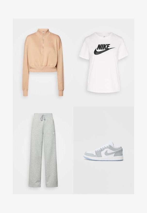 Nike Sportswear Sweater - hemp/sail; Witte katoenen T-shirt met een ronde hals, korte mouwen en een groot zwart Nike-logo gedrukt over de borst. Gladde textuur en casual ontwerp.; Grijze sweatpants met een elastische tailleband, een trekkoord-detail en een klein wit Nike-logo op de linkerdij. Zachte stof, losvallend.; Nike-sneakers met een mix van grijs en wit leer, geperforeerde neus, veters en een lichtblauwe buitenzool met logo-ontwerp.