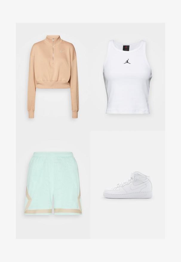 Nike Sportswear Sweater - hemp/sail; Witte crop tanktop van katoen met een ribbeltextuur. Beschikt over een zwart Jordan-logo in het midden en een klassieke ronde hals.; Jordan HERITAGE DIAMOND - Korte broeken - mint foam/sanddrift; Witte hoge sneakers van leer met een gevoerde kraag, geperforeerde neus, veters en een verstelbare enkelband; logo op de zijkant.