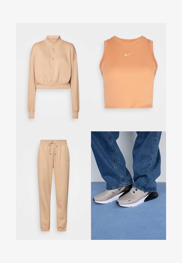 Nike Sportswear Sweatshirt - hemp/sail; Nike Sportswear TANK - Top - amber brown/sail; Beige Jogginghose aus weichem Baumwollmix, mit einem elastischen Bund und Kordelzug, sowie Bündchen an den Knöcheln. Kleines Logodesign.; Graue Sneaker mit Mesh-Obermaterial, schwarzen Akzenten und weißer Sohle. Getragen mit lockeren blauen Jeans, die teilweise die Schuhkanten verdecken.