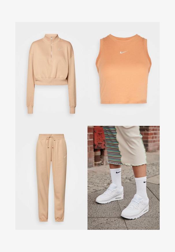 Nike Sportswear Mikina - hemp/sail; Nike Sportswear TANK - Top - amber brown/sail; Béžové tepláky vyrobené z mäkkej zmesi bavlny, s elastickým pásom na šnúrku a manžetami na členkoch. Malý detail loga.; Biele tenisky Nike Air Max 90 s vrchnou časťou z kombinácie sieťovaného a koženého materiálu, s viditeľnou vzduchovou jednotkou, v kombinácii s bielymi rebrovanými ponožkami s čiernym logom.