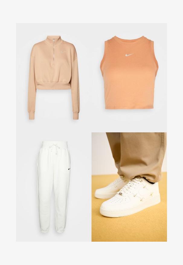 Nike Sportswear Sweater - hemp/sail; Nike Sportswear TANK - Top - amber brown/sail; Witte sweatsbroek van een zachte stof, met een elastische tailleband met koord, zijzakken en een zwart Nike-logo op het linkerdij.; Witte leren sneakers met geperforeerde neus, gouden accenten en platte veters, gecombineerd met beige broek op een gestructureerde gele ondergrond.