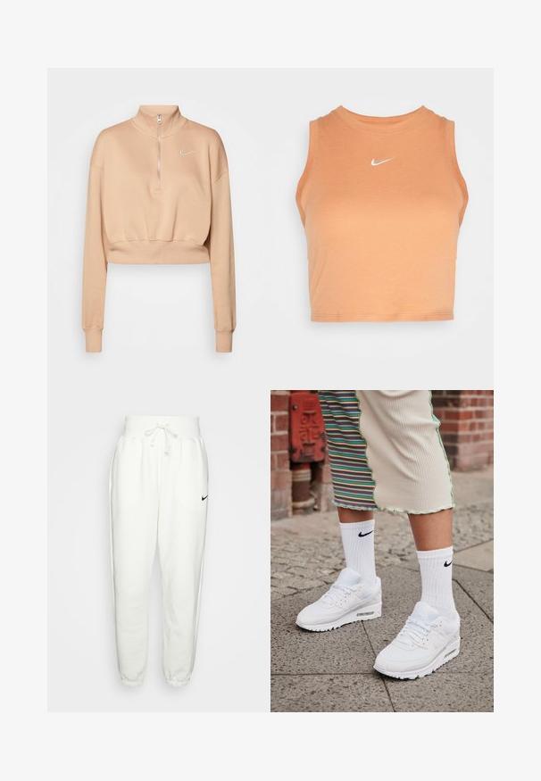 Nike Sportswear Sweatshirt - hemp/sail; Nike Sportswear TANK - Top - amber brown/sail; White sweatpants made of a soft fabric, featuring an elastic waistband with drawstring, side pockets, and a black Nike logo on the left thigh.; White Nike Air Max 90 sneakers with mesh and leather upper, featuring a visible air unit, paired with white ribbed socks with black logo.