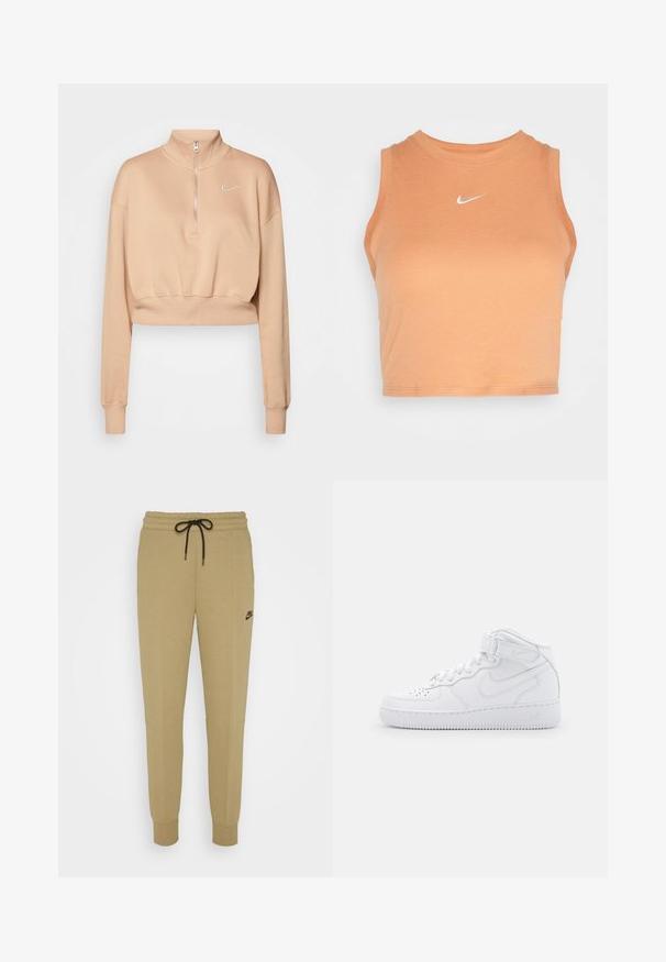 Nike Sportswear Mikina - hemp/sail; Nike Sportswear TANK - Top - amber brown/sail; Nike Sportswear Tepláky - neutral olive/black; Biele vysoké tenisky vyrobené z kože s polstrovaným golierom, perforovanou špičkou, šnúrkami a nastaviteľným popruhom na členku; logo na boku.