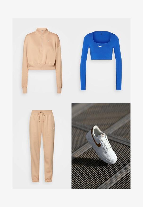 Nike Sportswear Mikina - hemp/sail; Nike Sportswear W NSW LS CROP TOP SW - Top s dlhým rukávom - game royal/phantom; Béžové tepláky vyrobené z mäkkej zmesi bavlny, s elastickým pásom na šnúrku a manžetami na členkoch. Malý detail loga.; Biela kožená teniska s perforáciami, hnedým logom Nike a šnúrkami. Má textúrovanú podrážku a polstrovaný golier.