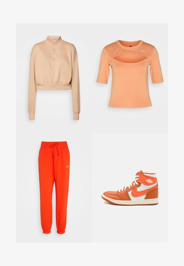 Nike Sportswear Sweatshirt - hemp/sail; Nike Sportswear CUTOUT - T-shirts print - amber brown/sail; Nike Sportswear W PHNX FLC HR OS - Træningsbukser - picante red/sail; Høje sneakers med orange læder og hvide tekstilpaneler, med gummihii og fremtrædende logo-detalje på siden.