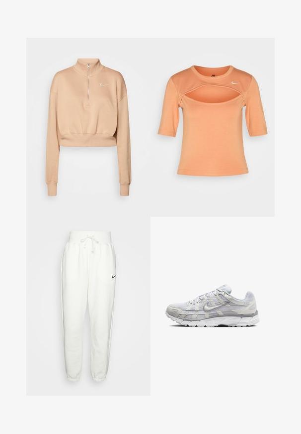 Nike Sportswear Ikdienas džemperis - hemp/sail; Nike Sportswear CUTOUT - Apdrukāts T-krekls - amber brown/sail; Baltas sporta bikses, kas izgatavotas no mīksta auduma, ar elastīgu jostu un auklu, sānu kabatām un melnu Nike logo uz kreisā augšstilba.; Gai pelēki sporta apavi ar sietiņa un sintētisku augšdaļu, ar auklām, mīkstu apkakli un strukturētu zoli saķerei.