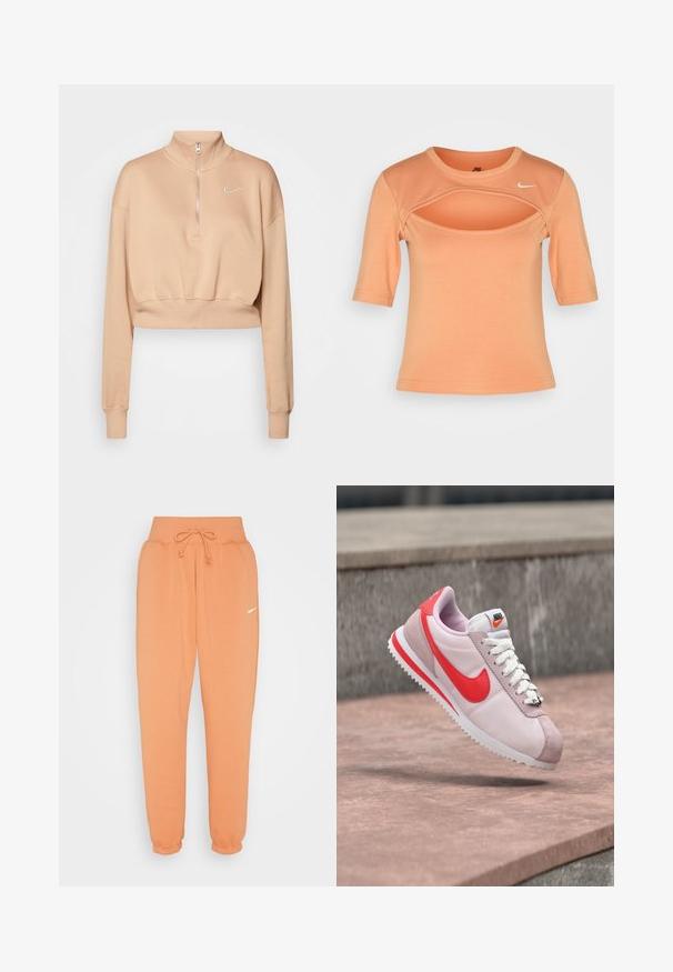 Nike Sportswear Sweatshirt - hemp/sail; Nike Sportswear CUTOUT - Print T-shirt - amber brown/sail; Nike Sportswear W PHNX FLC HR OS - Tracksuit bottoms - amber brown/sail; Light pink and red Nike sneaker with white laces, suspended mid-air above a stone surface.