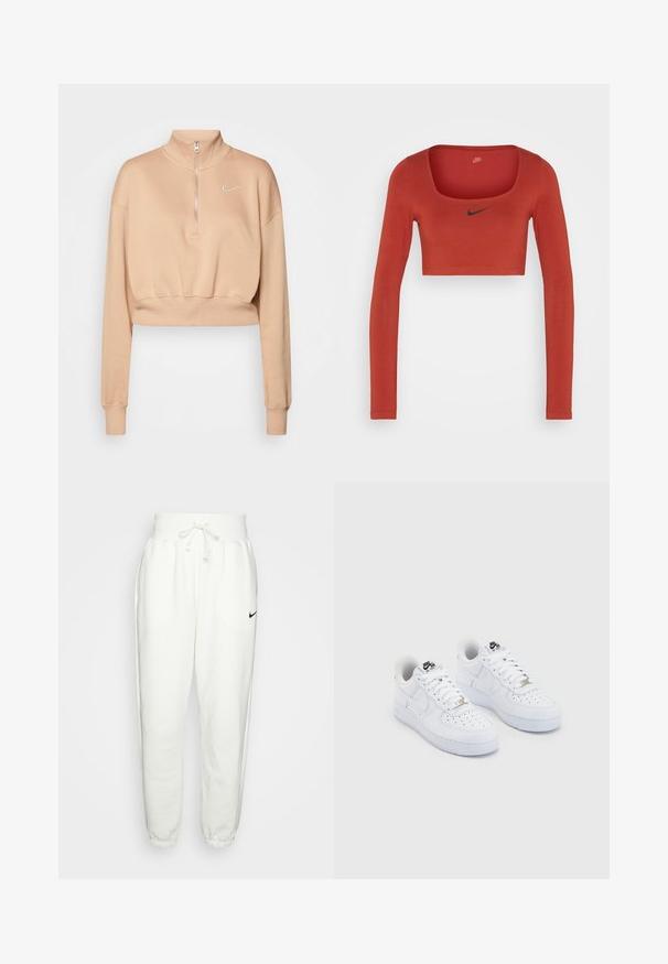 Nike Sportswear Sudadera - hemp/sail; Nike Sportswear W NSW LS CROP TOP SW - Camiseta de manga larga - rugged orange/black; Pantalones de chándal blancos hechos de una tela suave, con una cinturilla elástica con cordón, bolsillos laterales y un logo negro de Nike en el muslo izquierdo.; Zapatillas Nike Air Force 1 blancas con una parte superior de cuero suave, puntera perforada, cordones blancos y un logotipo negro en la lengüeta.