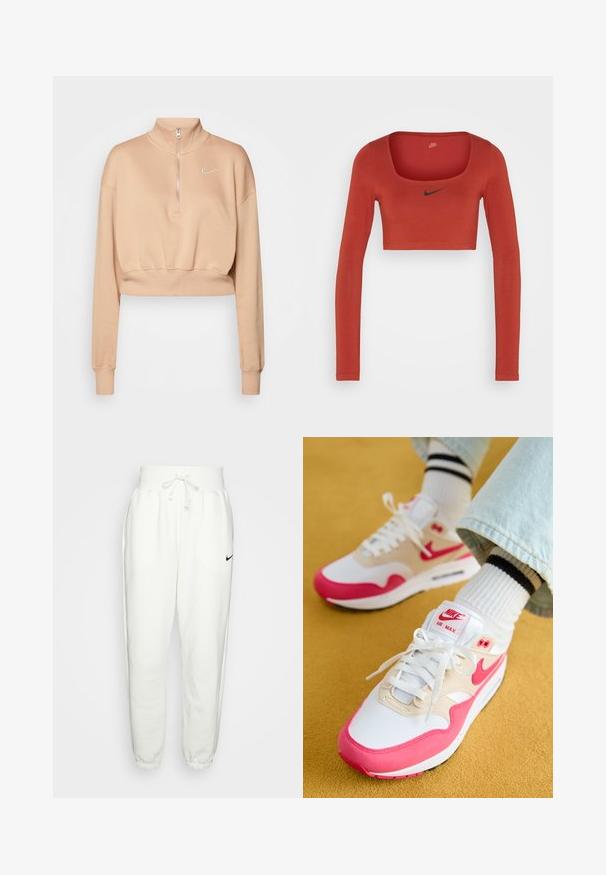 Nike Sportswear Pusa - hemp/sail; Nike Sportswear W NSW LS CROP TOP SW - Pikkade varrukatega topp - rugged orange/black; Valged dressipüksid, mis on valmistatud pehmest kangast, elastse vöökoha ja paelaga, küljetaskud ning must Nike logo vasakul reitel.; Valged ja roosad Nike Air Max tossud, millel on beež ülaserv, tekstuuriga viimistlus, valged paelad ja nähtav õhukamber.