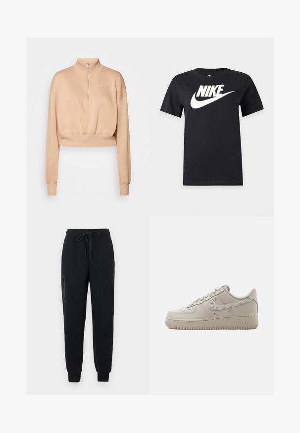 Nike Sportswear Φούτερ - hemp/sail; Μαύρο κοντομάνικο μπλουζάκι με μεγάλο λευκό λογότυπο και στυλ Nike στο στήθος σε απλό φόντο.; Μαύρα φόρμας με ζωνάκι ρυθμιζόμενο, φερμουάρ σε πλαϊνή τσέπη και στενές μανσέτες. Φτιαγμένα από μαλακό, υφασμάτινο υλικό.; Χαμηλού τύπου μπεζ δερμάτινο sneaker με τρουκς στο λογότυπο Nike swoosh, διάτρητη μύτη και παχιά λαστιχένια σόλα με τη λέξη "AIR" στο πλάι.