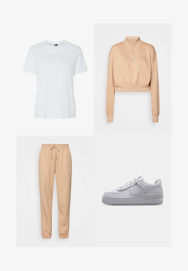 Nike Sportswear Sweatshirt - hemp/sail; Hvid bomulds T-shirt med korte ærmer og rund halsudskæring. Glat tekstur, afslappet pasform og ingen synlige mønstre eller detaljer.; Beige sweatpants lavet af blød bomuldsblanding, med elastisk talje og snoretræk samt manchetter ved anklerne. Lille logo detalje.; Grå Nike Air Force 1 sneakers med perforeret tå, glat læderoverdel, tyk sål og præget 'AIR' detalje på hælen.