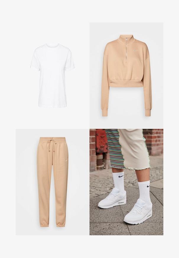 Nike Sportswear Sweater - hemp/sail; Witte katoenen T-shirt met korte mouwen, een ronde hals en een relaxte pasvorm, met een gladde textuur en zonder zichtbare patronen.; Beige joggingspakken van een zachte katoenmix, met een elastische tailleband met trekkoord en boorden bij de enkels. Kleine logo detail.; Witte Nike Air Max 90 sneakers met een bovenwerk van mesh en leer, voorzien van een zichtbare luchtunit, gecombineerd met witte geribbelde sokken met een zwart logo.