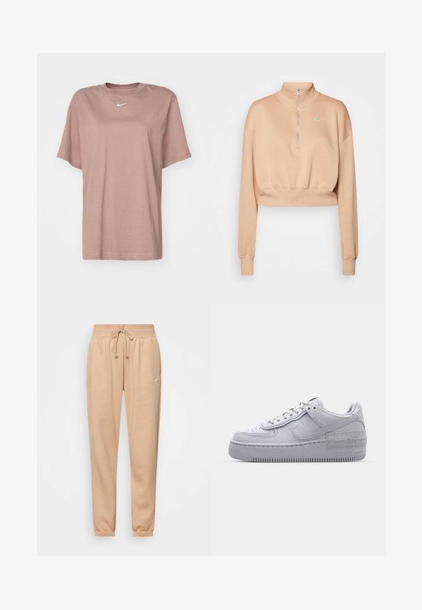 Nike Sportswear Φούτερ - hemp/sail; Βαμβακερή μπλούζα σε απαλό ροζ χρώμα, με στρογγυλή λαιμόκοψη, κοντά μανίκια και μικρό λευκό λογότυπο Nike στο στήθος.; Μπεζ φόρμες από μαλακό μείγμα βαμβακιού, με ελαστική μέση και κορδόνι και μανσέτες στους αστραγάλους. Μικρή λεπτομέρεια με λογότυπο.; Γκρι Nike Air Force 1 αθλητικό παπούτσι με πορώδη μύτη, λεία δερμάτινη επάνω επιφάνεια, χοντρή σόλα και ανάγλυφη λεπτομέρεια 'AIR' στην φτέρνα.