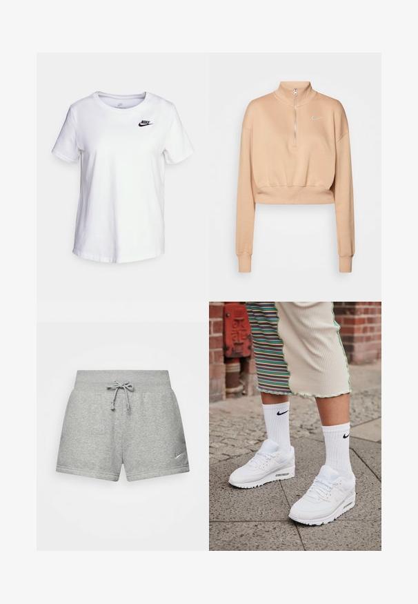 Nike Sportswear Sweatshirt - hemp/sail; Weißes Baumwoll-T-Shirt mit Rundhalsausschnitt und kurzen Ärmeln. Mit einem schwarzen Nike-Logo auf der oberen linken Brustseite.; Graue Sportshorts aus weichem Material mit einem elastischen Bund und Kordelzug sowie einem kleinen Nike-Logo auf der unteren linken Seite.; Weiße Nike Air Max 90 Sneakers mit Obermaterial aus Mesh und Leder, ausgestattet mit einer sichtbaren Air-Einheit, kombiniert mit weißen gerippten Socken mit schwarzem Logo.