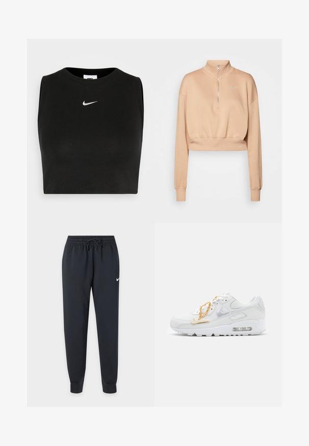 Nike Sportswear Mikina - hemp/sail; Čierny bezrukávový crop top vyrobený z rebrového materiálu, s okrúhlym výstrihom a malým bielym logom Nike na hrudi.; Čierne tepláky Nike s elastickým pásom a šnúrkou, zúžené nohavice, lemovanie na členkoch a malý biely Nike znak na pravom stehne.; Nike Sportswear AIR MAX 90 - Tenisky - summit white/dark beetroot/white/metalic gold