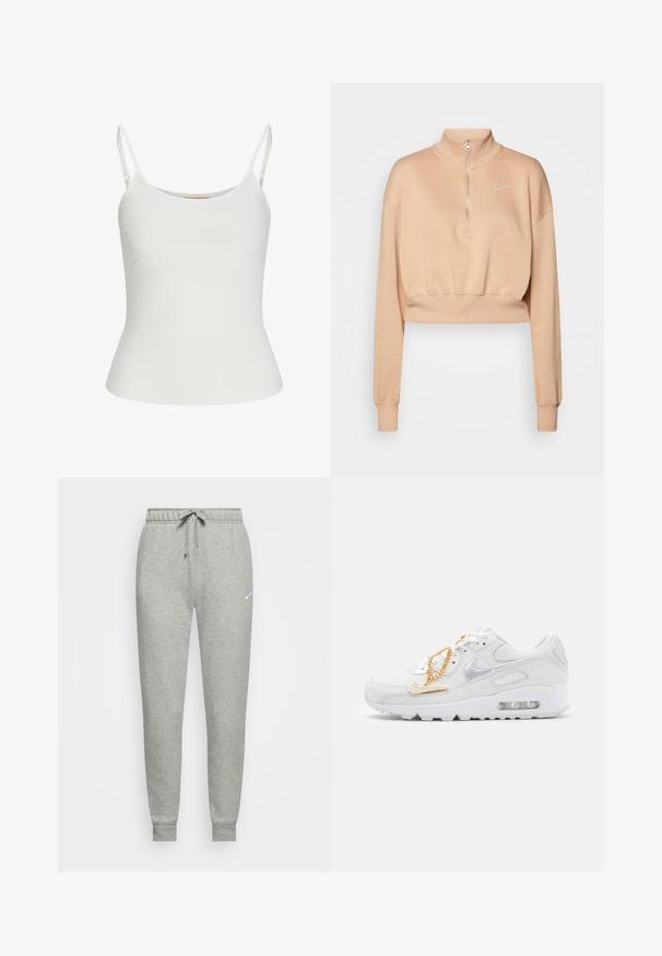 Nike Sportswear Sweatshirt - hemp/sail; Hvid ærmeløs top med justerbare stropper, tætsiddende design, glat stofstruktur og rund halsudskæring. Ingen mønstre eller hardware detaljer.; Grå sweatpants lavet af blødt stof, med elastisk talje og snørebånd, ribbede manchetter og et lille logo på venstre lår.; Nike Sportswear AIR MAX 90 - Sneakers - summit white/dark beetroot/white/metalic gold