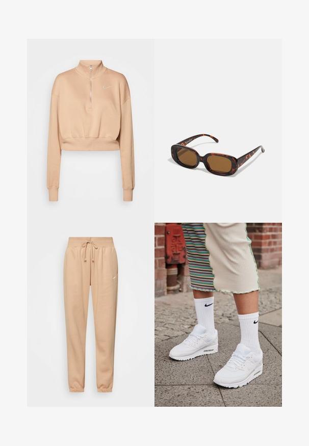 Nike Sportswear Sweatshirt - hemp/sail; Beige sweatpants lavet af blød bomuldsblanding, med elastisk talje og snoretræk samt manchetter ved anklerne. Lille logo detalje.; Hvide Nike Air Max 90 sneakers med mesh og læderoverdel, der har en synlig luftenhed, parret med hvide ribbede sokker med sort logo.; Skildpaddefarvede solbriller med rektangulær form, brune linser, glat plastikskelet og tynde stænger med subtile tonale mønstre.