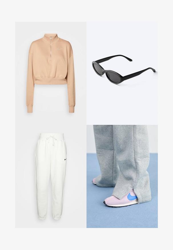Nike Sportswear Sweatshirt - hemp/sail; Hvide sweatpants lavet af et blødt stof, med elastisk talje med snøre, sidelommer og et sort Nike-logo på venstre lår.; Grå sweatpants dækker lyserøde sneakers med en blå Nike swoosh, der har et struktureret stof og en kontrasterende sål.; Slanke sorte ovale solbriller med mørke linser og lige arme, hvilende på en hvid overflade.