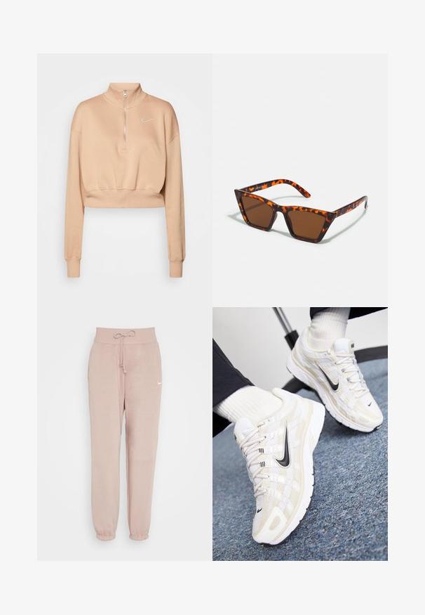 Nike Sportswear Sweatshirt - hemp/sail; Nike Sportswear W PHNX FLC HR OS - Jogginghose - diffused taupe/sail; Weiße und beige Nike-Sneaker mit einem Obermaterial aus Mesh, strukturiertem Overlay, schwarzem Swoosh und einer gepolsterten Sohle mit rutschfester Außensohle.; Braungetönte Sonnenbrille mit Schildpattmuster, eckigem Rahmen und schlanken Bügeln. Hergestellt aus leichtem Kunststoffmaterial.