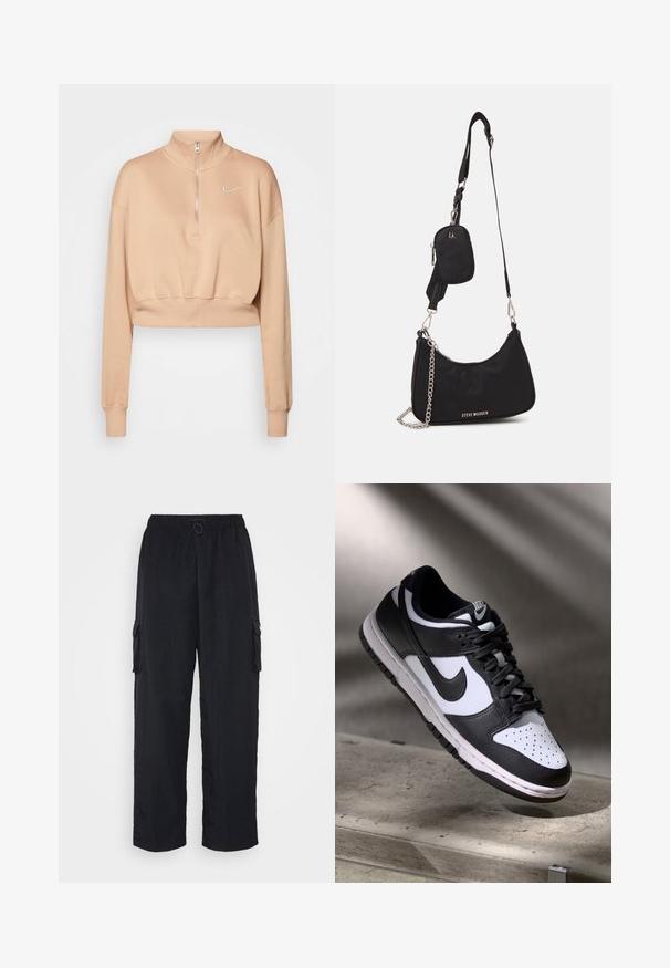 Nike Sportswear Sudadera - hemp/sail; Nike Sportswear ESSNTL - Pantalones cargo - black; Zapatilla Nike Dunk Low en blanco y negro con parte superior de cuero, caja de dedos perforada y cordones negros, que cuenta con una suela blanca y acentos de logo.; Bolso de hombro negro de nailon con una forma curvada, acento de cadena plateada, mini bolsa desmontable y correa ajustable; presenta el logo "Steve Madden".
