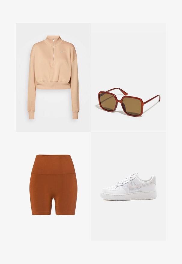 Nike Sportswear Sweater - hemp/sail; Bruine hooggetailleerde shorts van rekbare stof, met een gladde textuur en een aansluitend ontwerp, voorzien van een strakke, minimalistische zoom.; Witte lage Nike Air Force 1 sneaker met witte veters, perforaties op de neusplaat en een mesh paneel achter het Nike Swoosh-logo.; Rode vierkante zonnebril met bruin getinte lenzen. Dikke, glanzende monturen en slanke armen met kleine details aan de zijkant voor visuele interesse.
