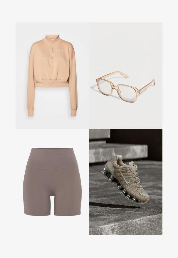 Nike Sportswear Mikina - hemp/sail; Súpravy s vysokým pásom v tlmenej taupe farbe, vyrobené z hladkého, pružného materiálu. Má bezšvový dizajn a tesný strih.; Béžová bežecká obuv Nike so striebornými akcentmi a pružnou podrážkou vo vzduchu nad betónovými schodmi za tlmeného osvetlenia.; Priesvitné svetlohnedé obdĺžnikové obruby na okuliare s priehľadnými šošovkami, zobrazené na bielom pozadí.