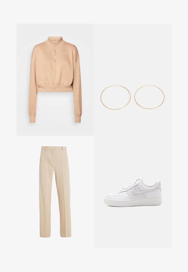 Nike Sportswear Sweatshirt - hemp/sail; Beige maßgeschneiderte Hose aus glattem Stoff, mit geradem Beinanschnitt, seitlichen Taschen und Bügelfalten auf der Vorderseite.; Weißer Nike Air Force 1 Sneaker mit niedrigem Schaft, weißen Schnürsenkeln, Perforationen an der Zehenkappe und einem Mesh-Einsatz hinter dem Nike-Swoosh-Logo.; Goldene Creolen mit einem glatten, rundlichen Design. Jede Creole ist dünn und leicht, ohne Verzierungen oder Muster.