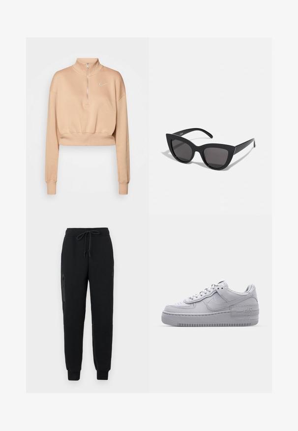Nike Sportswear Sweatshirt - hemp/sail; Sorte sweatpants med snoretræk i taljen, lynlåslomme i siden og tætsiddende nederste kant. Fremstillet af blødt, struktureret stof.; Grå Nike Air Force 1 sneakers med perforeret tå, glat læderoverdel, tyk sål og præget 'AIR' detalje på hælen.; Sorte cat-eye solbriller med mat finish, der har grå tonede linser, skarpe vinkler og slanke sidearme. Mærkenavnet er synligt på den indre arm.