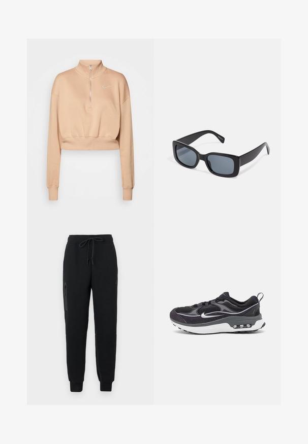 Nike Sportswear Sweatshirt - hemp/sail; Sorte sweatpants med snoretræk i taljen, lynlåslomme i siden og tætsiddende nederste kant. Fremstillet af blødt, struktureret stof.; Sorte og grå Nike sneakers med en meshnupper, teksturerede accenter, en polstret sål og en synlig luftenhed i hælen.; Sorte rektangulære solbriller med mørkt tonede linser, tyk plastramme og brede stænger. Glat overflade og kantet design.