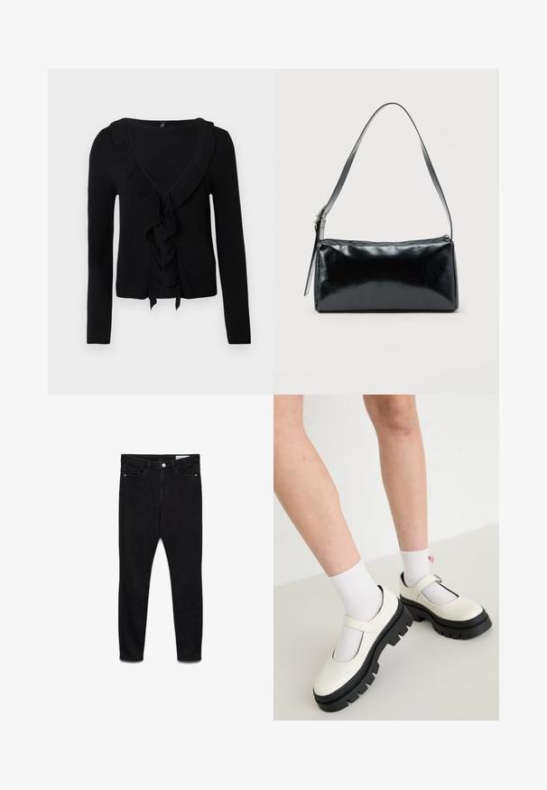 Cardigan noir à manches longues avec un col en V profond, un bord froncé le long de l'encolure et du devant, et un détail noué au centre de la fermeture frontale.; Jeans skinny noirs taille haute avec bouton et fermeture éclair à l’avant, deux poches avant et deux poches arrière, présentés à plat sur fond blanc.; Des chaussures Mary Jane en cuir verni blanc avec une semelle noire épaisse, comportant une sangle sur le cou-de-pied et portées avec des chaussettes blanches.; Sac d'épaule rectangulaire noir avec une sangle réglable unique et une fermeture éclair supérieure sur un fond uni.