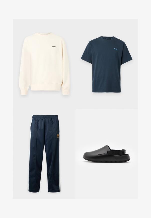 Krémsvetrová mikina s dlhými rukávmi a malým čiernym logom "ellesse" na hornej ľavej strane hrudníka.; Tmavomodré tričko s krátkymi rukávmi a okrúhlym výstrihom, s malou obdĺžnikovou nášivkou s logom na ľavej strane hrudníka.; Námornícky modré športové nohavice s bielymi bočnými pruhmi, elastickým pásom, prednými vreckami a malým oranžovým logom na pravom stehne.; Čierne formované dreváky s hladkým povrchom, so zadošným pásikom pre stabilitu a so zúbkovanou podrážkou pre lepšiu priľnavosť. Obsahujú malé logo na boku.