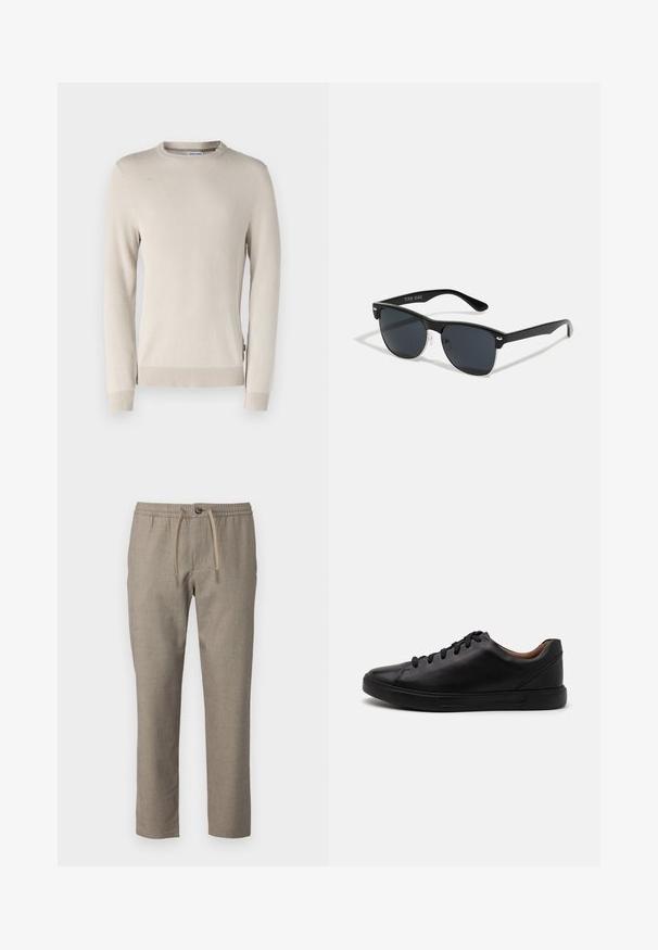 Suéter de punto beige con un patrón texturizado, cuello redondo y puños y dobladillo acanalados. Fabricado con un material suave y transpirable.; Pantalones beige con una cinturilla elástica, cierre de cordón y corte recto. El material tiene una textura sutil.; Zapatillas de cuero negro con un acabado suave, punta redondeada y cierre de cordones de seis ojales; cuenta con una suela de goma negra para mayor agarre.; Gafas de sol negras con forma rectangular, lentes oscuros, detalles plateados en las patillas y un acabado mate en la montura.
