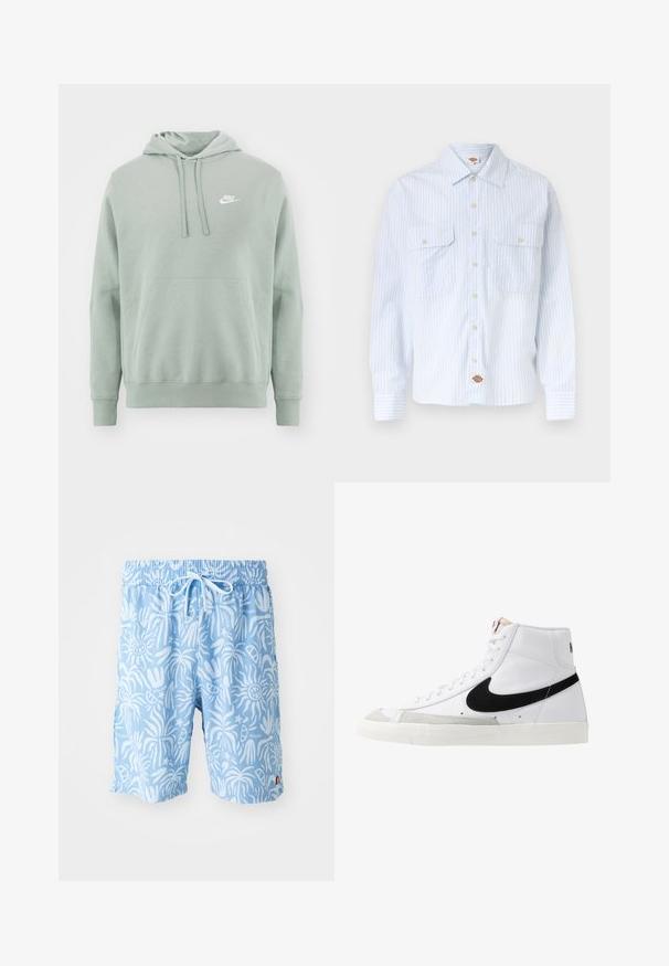 Lichtgroene hoodie van zachte stof, met een vo zak aan de voorkant, een trekkoordkap, en een wit Nike-logo aan de bovenkant van de linkerzijde.; Wit overhemd met dunne blauwe verticale strepen, twee voorste borstzakken met knopen, en een klein logovignet aan de onderzoom.; Lichtblauwe zwembroek met een wit abstract patroon, elastische tailleband en trekkoord. Logo aan de voorkant links en zijsplitten aan de zoom.; Witte hoge sneakers met een zwarte swoosh, textuur grijze neus en een vlakke witte zool. Kenmerkt zes veteropeningen en gestikte accenten.