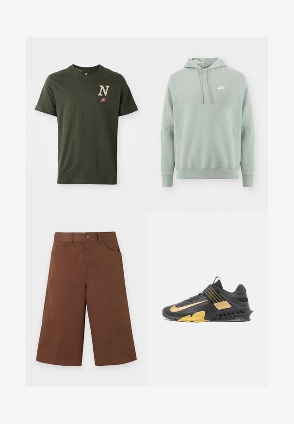 Sudadera verde clara hecha de tela suave, con un bolsillo frontal, capucha con cordón y un logo blanco de Nike en la parte superior izquierda.; Camiseta de algodón verde oliva de manga corta, que presenta un gran logo "N" estampado en beige y un pequeño swoosh de Nike en rosa en el pecho.; Pantalones cortos marrones hasta la rodilla, de pierna ancha, con bolsillos delanteros y cierre de botón en la cintura, sobre un fondo liso.; Zapatilla deportiva negra con acentos dorados, materiales de malla y sintéticos, suela texturizada única, correa ajustable sobre el mediopie y cuello acolchado.