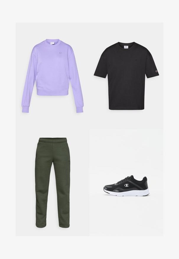 Lila sweatshirt van zachte stof, met een ronde hals, lange mouwen en een klein logo op de borst. Geribbelde manchetten en zoom.; Zwarte katoenen t-shirt met een ronde hals, korte mouwen en een klein geborduurd logo op de borst en mouw. Gladde textuur, casual pasvorm.; Donkergroene sweatpants gemaakt van zachte stof, met een elastische tailleband en een klein logo-accent aan de zijkant.; Zwarte sport schoenen met een bovenwerk van mesh, een witte rubberen zool en een tonale logo op de zijkant. Gekenmerkt door een vetersluiting met een gevoerde kraag voor extra ondersteuning.