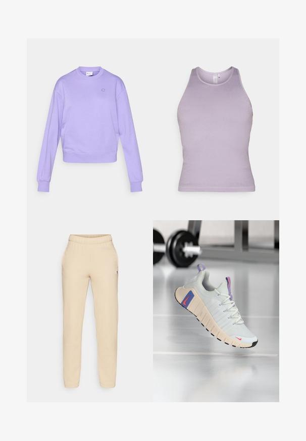 Fliederfarbener Pullover aus weichem Stoff, mit rundem Ausschnitt, langen Ärmeln und einem kleinen Logo auf der Brust. Gerippte Bündchen und Saum.; Lilafarbene, gerippte Tanktop mit hohem Kragen und figurbetontem Schnitt. Glatte Textur, keine sichtbaren Muster oder Verzierungen.; Beige Baumwoll-Jogginghose mit elastischem Bund, seitlichen Taschen und einem kleinen Logo-Patch am linken Bein. Glatte Textur und schmal geschnitten.; Sneaker mit einem oberteil aus leicht grauem Mesh, gepolstertem Kragen und strukturiertem cremfarbenem Sohlen. Verfügt über rosa und blaue Akzente sowie eine schwarze Gummisohle.